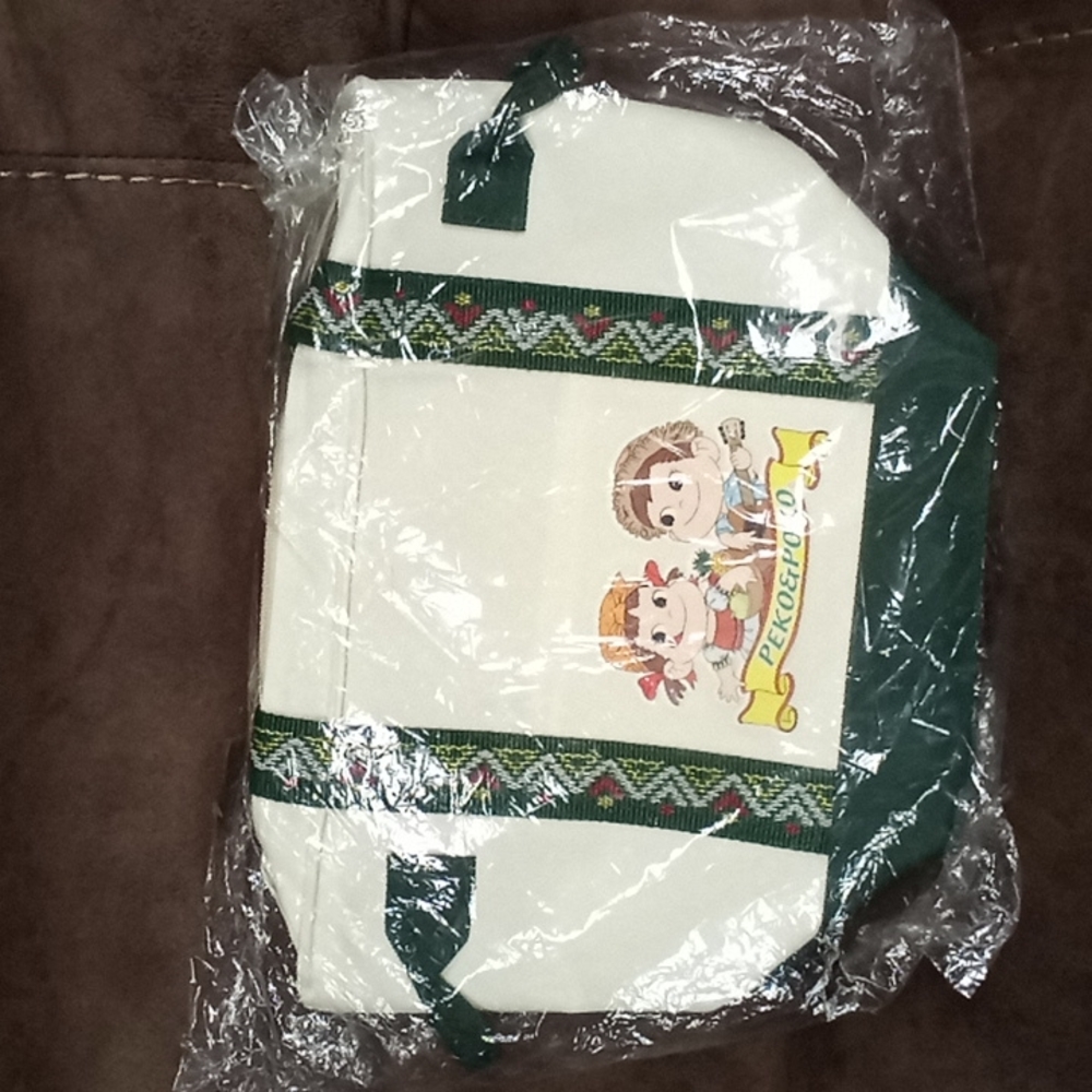 White and Green Tote Bag with Cartoon Design